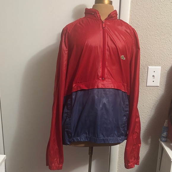 Vtg IZOD LACOSTE Red/Blue Half Zip Windbreaker Jacket Hood Front Pocket L Nylon